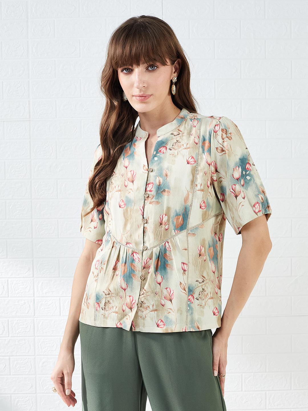 Latin Quarters Women's Beige Half Sleeves Mandarin Collar Printed Casual Regular Shirt