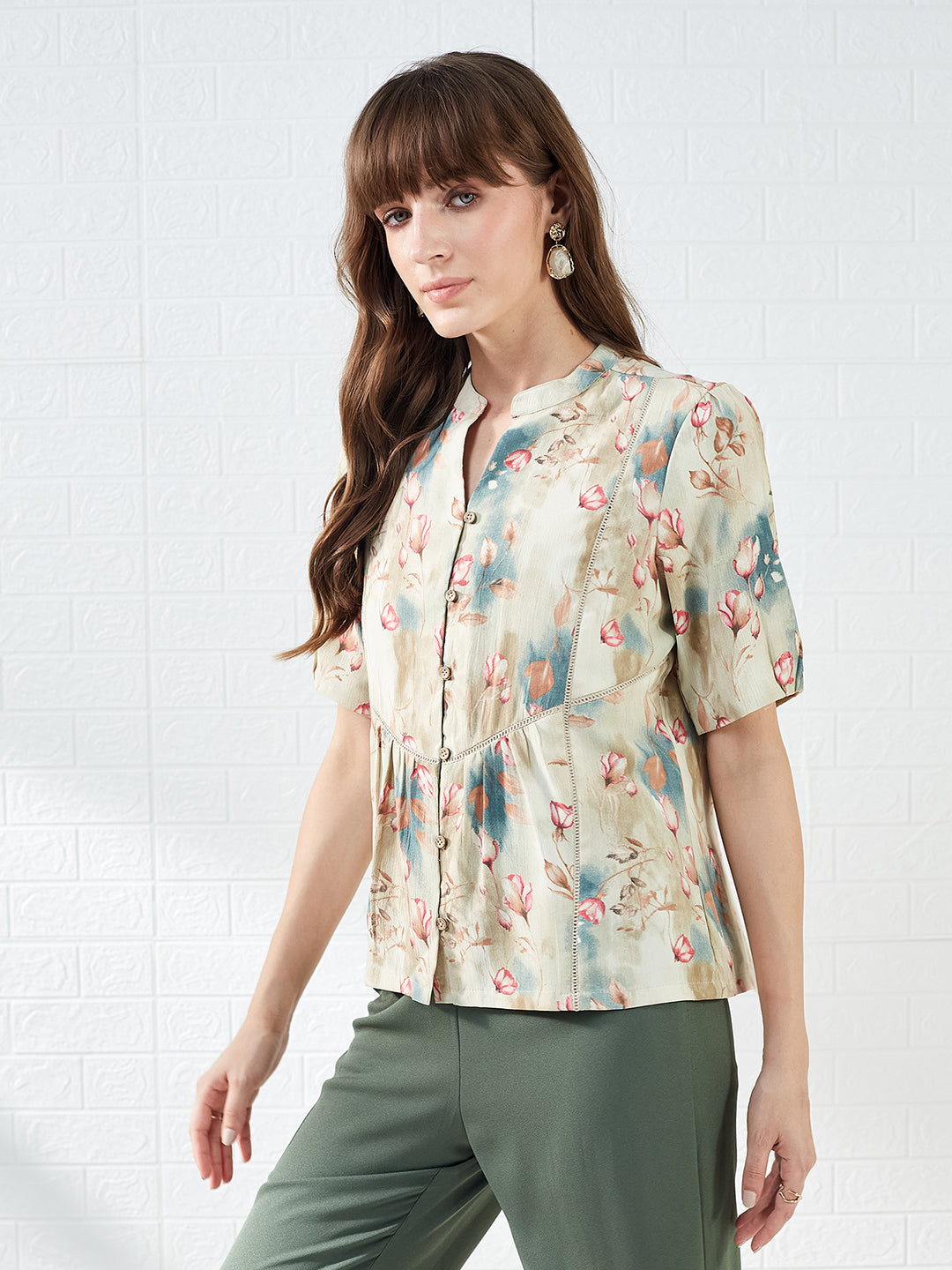 Latin Quarters Women's Beige Half Sleeves Mandarin Collar Printed Casual Regular Shirt