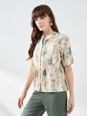 Latin Quarters Women's Beige Half Sleeves Mandarin Collar Printed Casual Regular Shirt