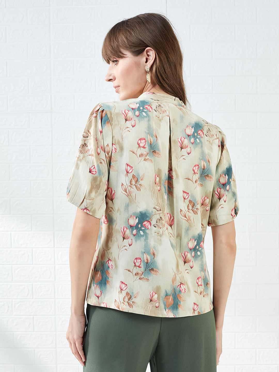 Latin Quarters Women's Beige Half Sleeves Mandarin Collar Printed Casual Regular Shirt
