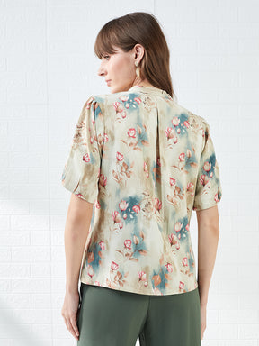 Latin Quarters Women's Beige Half Sleeves Mandarin Collar Printed Casual Regular Shirt