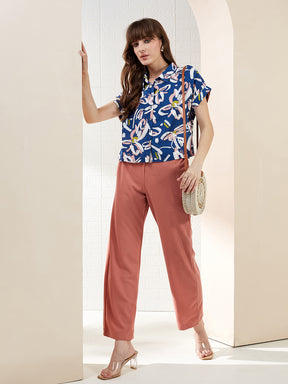 Latin Quarters Women's Blue Short Sleeves Collared Printed Casual Crop Shirt