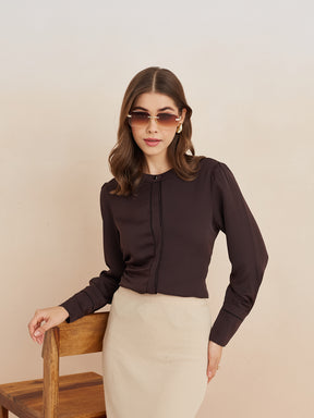 Latin Quarters Women'S Brown Round Neck Full Sleeves Solid Casual Top