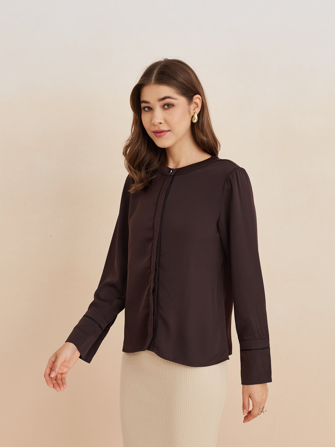 Latin Quarters Women'S Brown Round Neck Full Sleeves Solid Casual Top