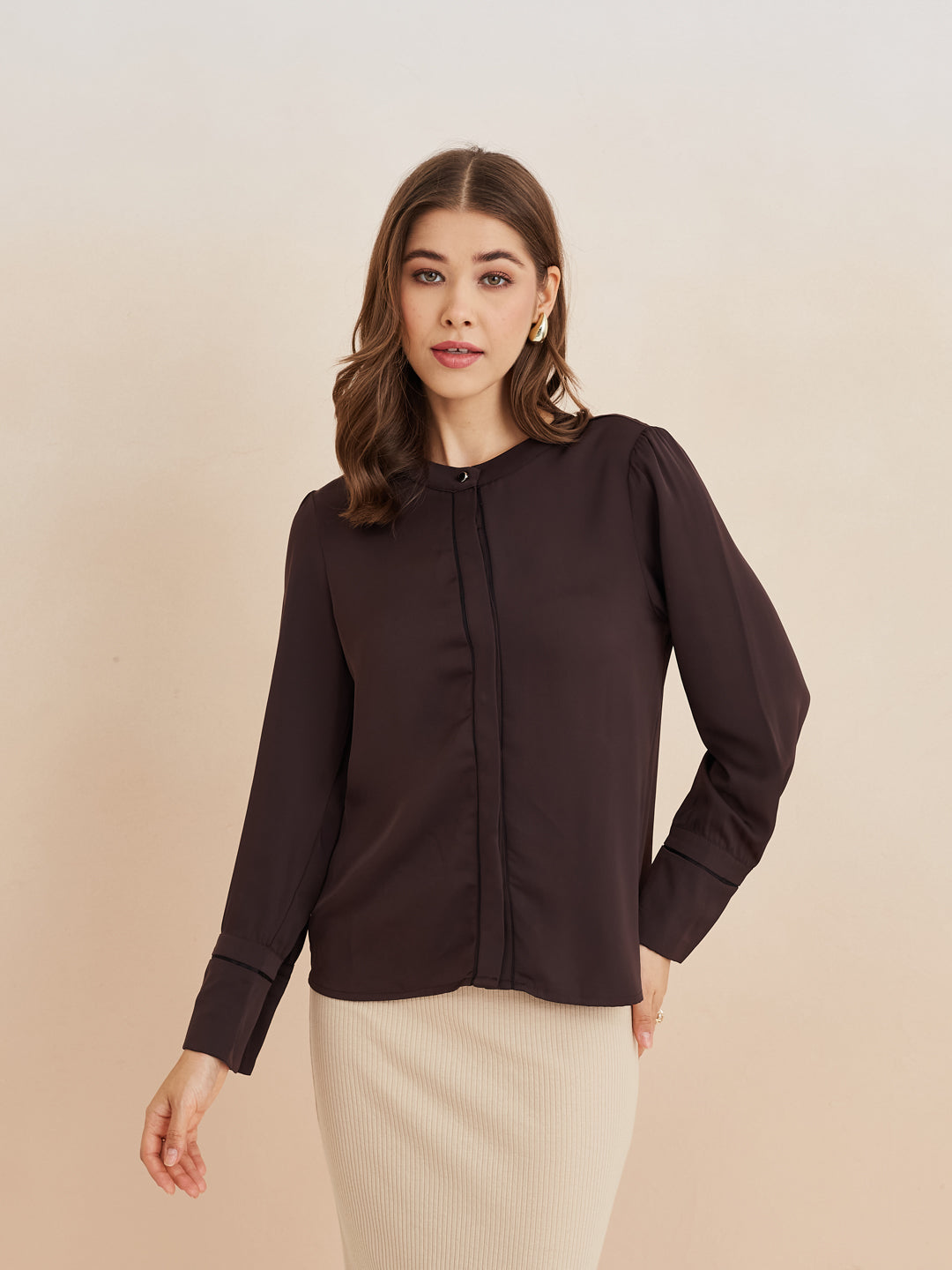 Latin Quarters Women'S Brown Round Neck Full Sleeves Solid Casual Top