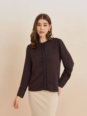 Latin Quarters Women'S Brown Round Neck Full Sleeves Solid Casual Top