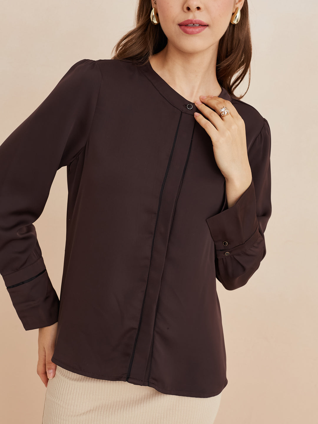 Latin Quarters Women'S Brown Round Neck Full Sleeves Solid Casual Top