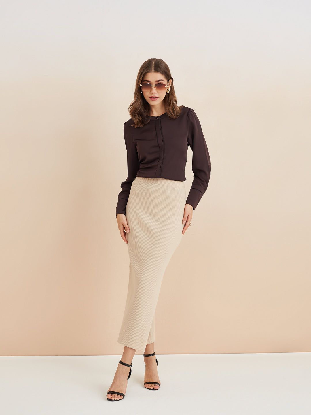 Latin Quarters Women'S Brown Round Neck Full Sleeves Solid Casual Top