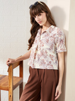 Latin Quarters Women's Brown Half Sleeves Collared Printed Casual Crop Top