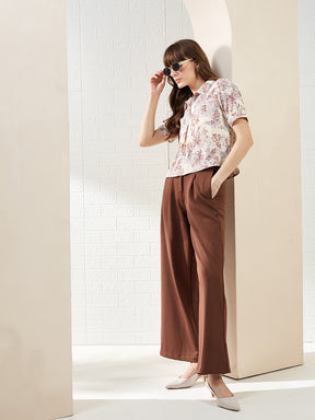 Latin Quarters Women's Brown Half Sleeves Collared Printed Casual Crop Top
