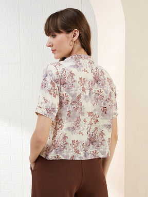 Latin Quarters Women's Brown Half Sleeves Collared Printed Casual Crop Top
