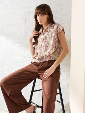 Latin Quarters Women's Brown Cap Sleeves Collared Printed Casual Crop Shirt