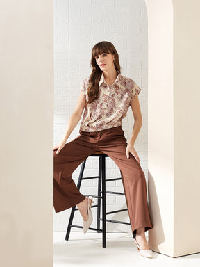 Latin Quarters Women's Brown Cap Sleeves Collared Printed Casual Crop Shirt
