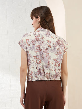 Latin Quarters Women's Brown Cap Sleeves Collared Printed Casual Crop Shirt