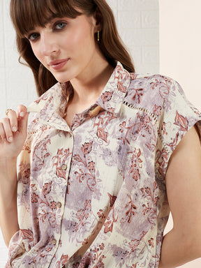 Latin Quarters Women's Brown Cap Sleeves Collared Printed Casual Crop Shirt