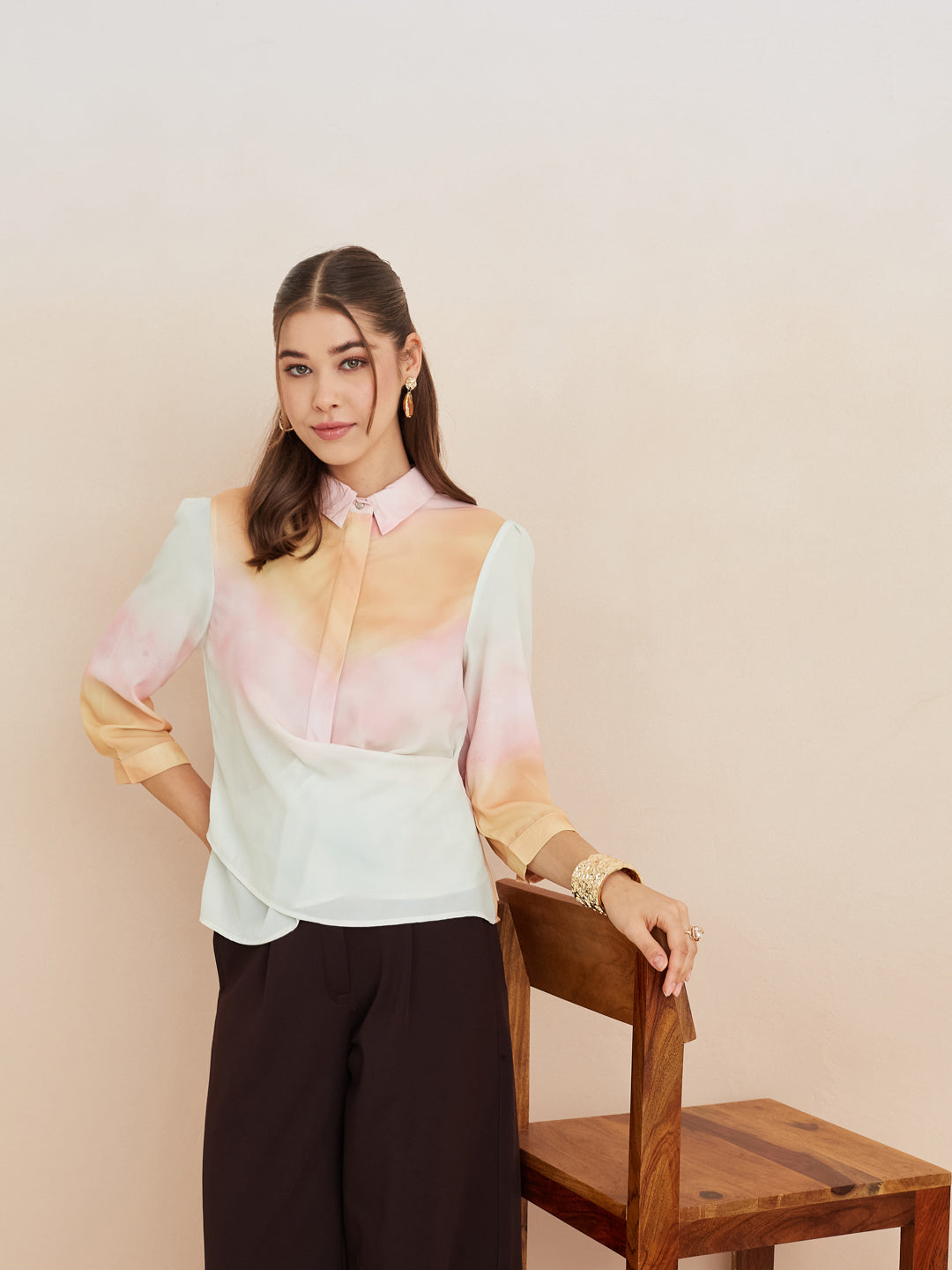 Latin Quarters Women'S Pink Collar Neck 3/4Th Sleeves Tie-Dye Casual Top