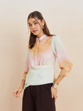 Latin Quarters Women'S Pink Collar Neck 3/4Th Sleeves Tie-Dye Casual Top