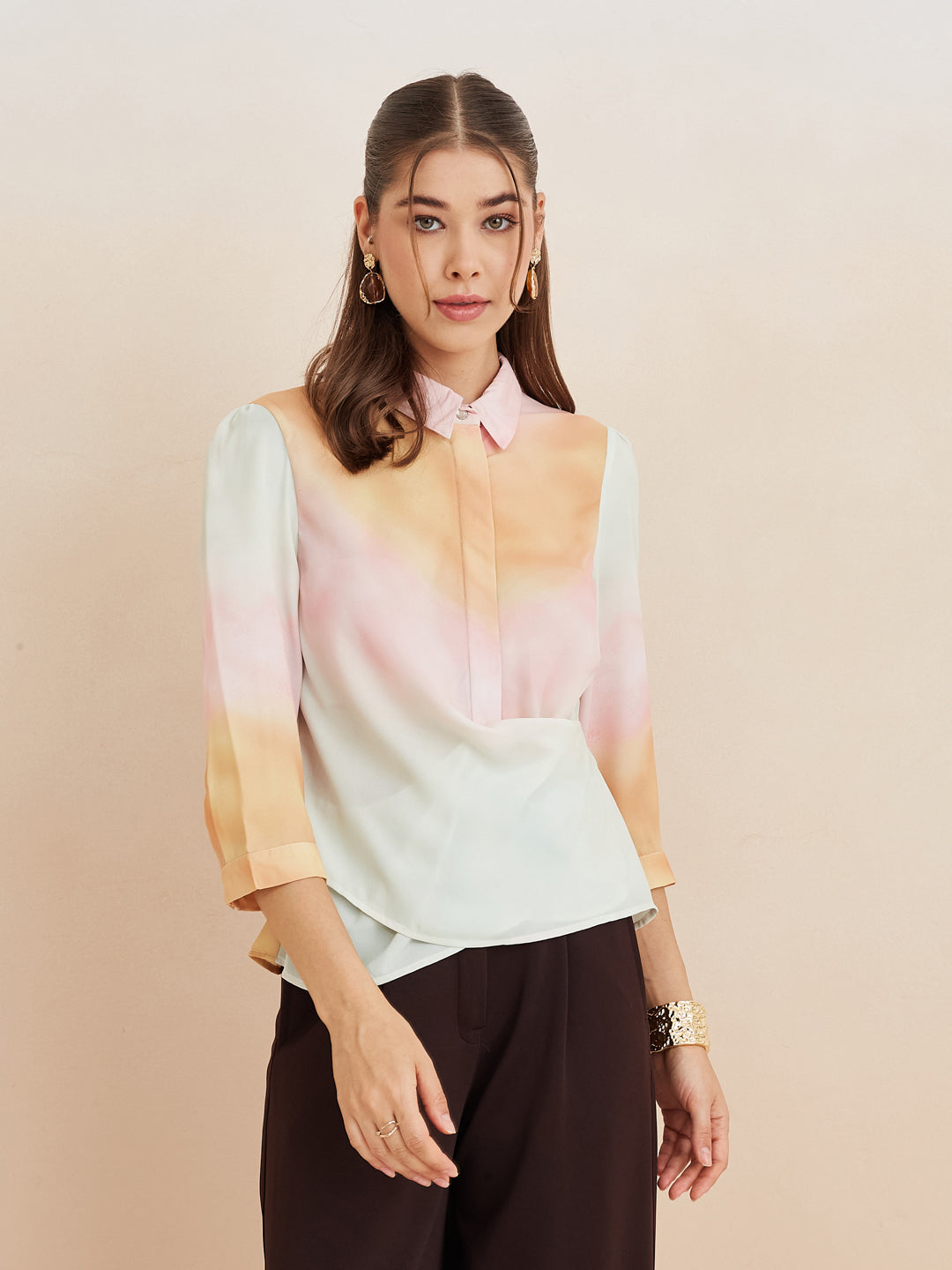 Latin Quarters Women'S Pink Collar Neck 3/4Th Sleeves Tie-Dye Casual Top