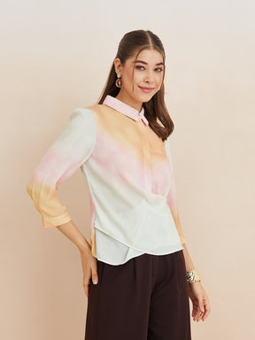 Latin Quarters Women'S Pink Collar Neck 3/4Th Sleeves Tie-Dye Casual Top