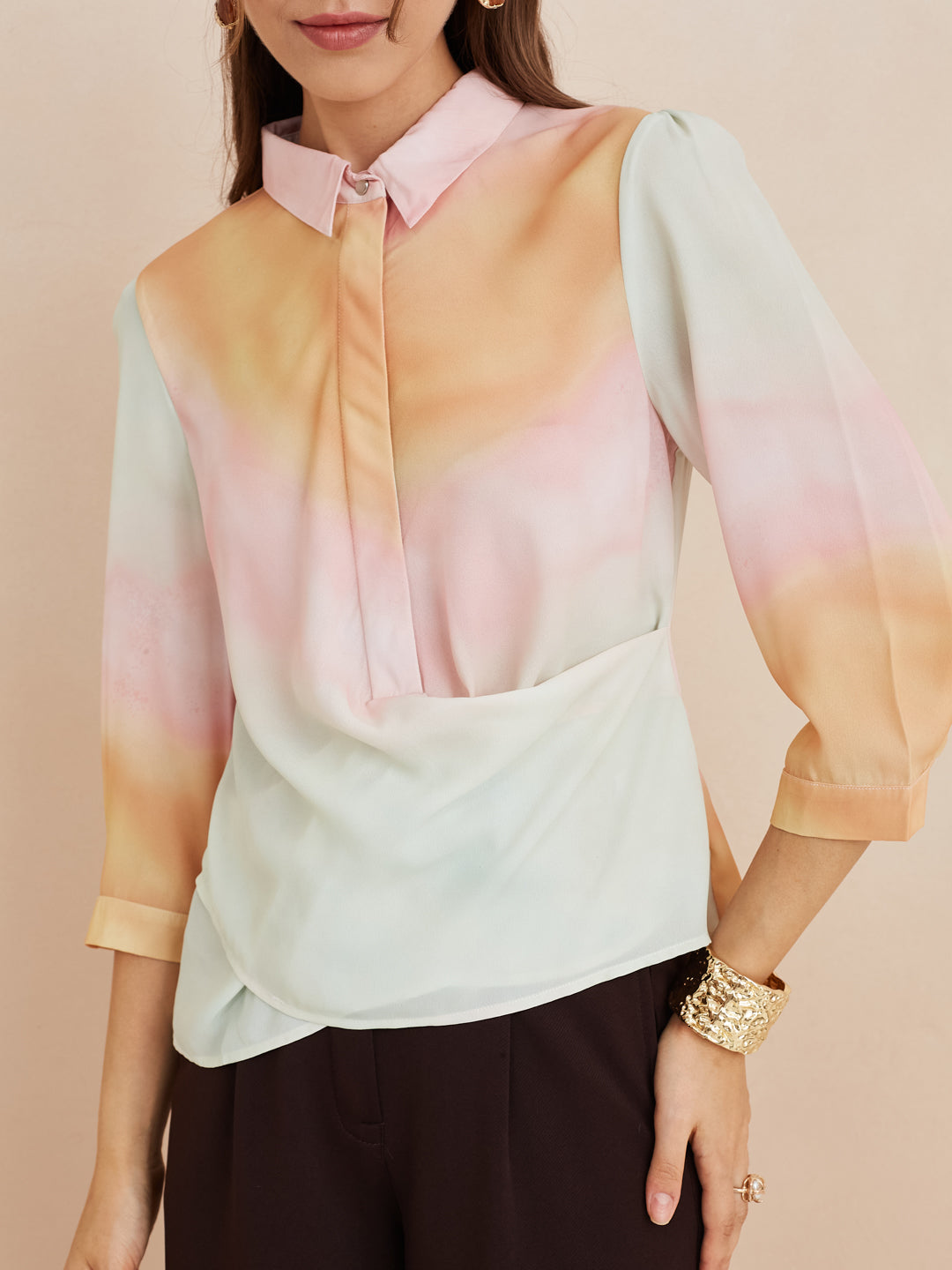 Latin Quarters Women'S Pink Collar Neck 3/4Th Sleeves Tie-Dye Casual Top