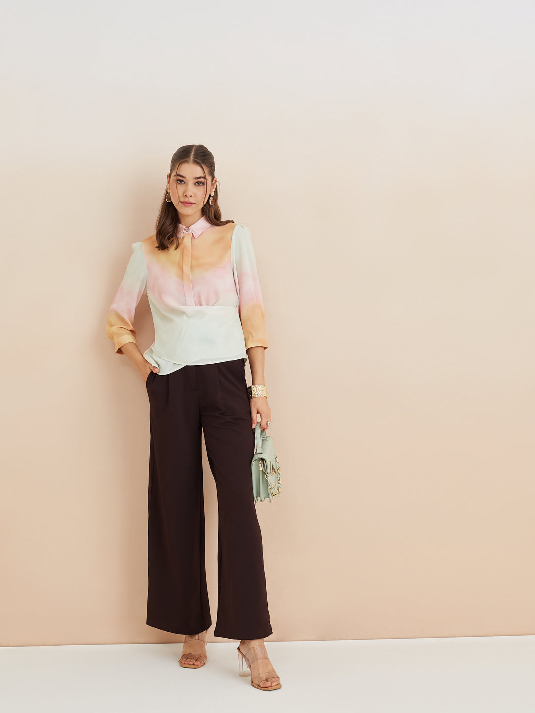 Latin Quarters Women'S Pink Collar Neck 3/4Th Sleeves Tie-Dye Casual Top