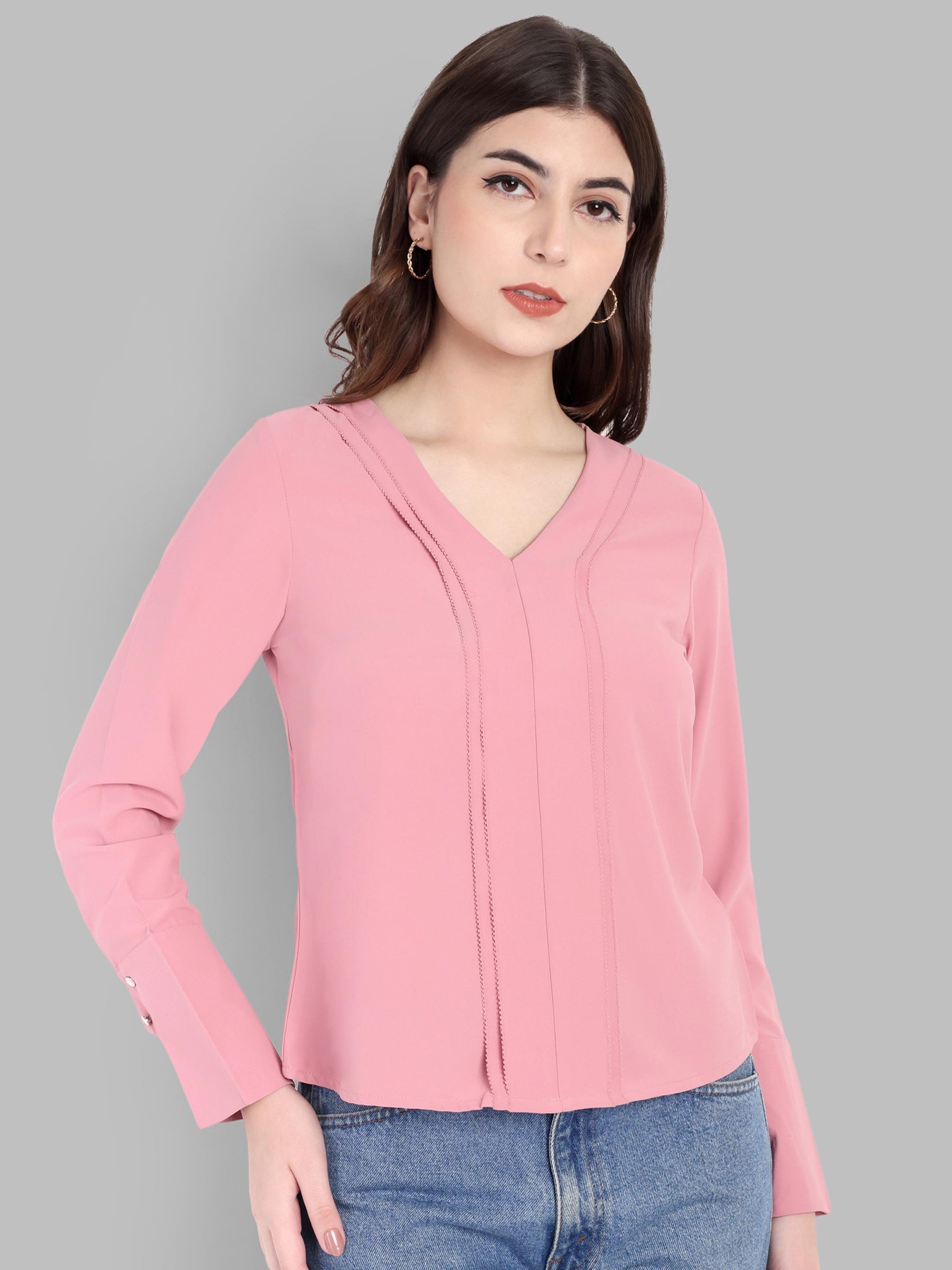 Latin Quarters Women's Pink Full Sleeves V-Neck Solid Casual Regular Top