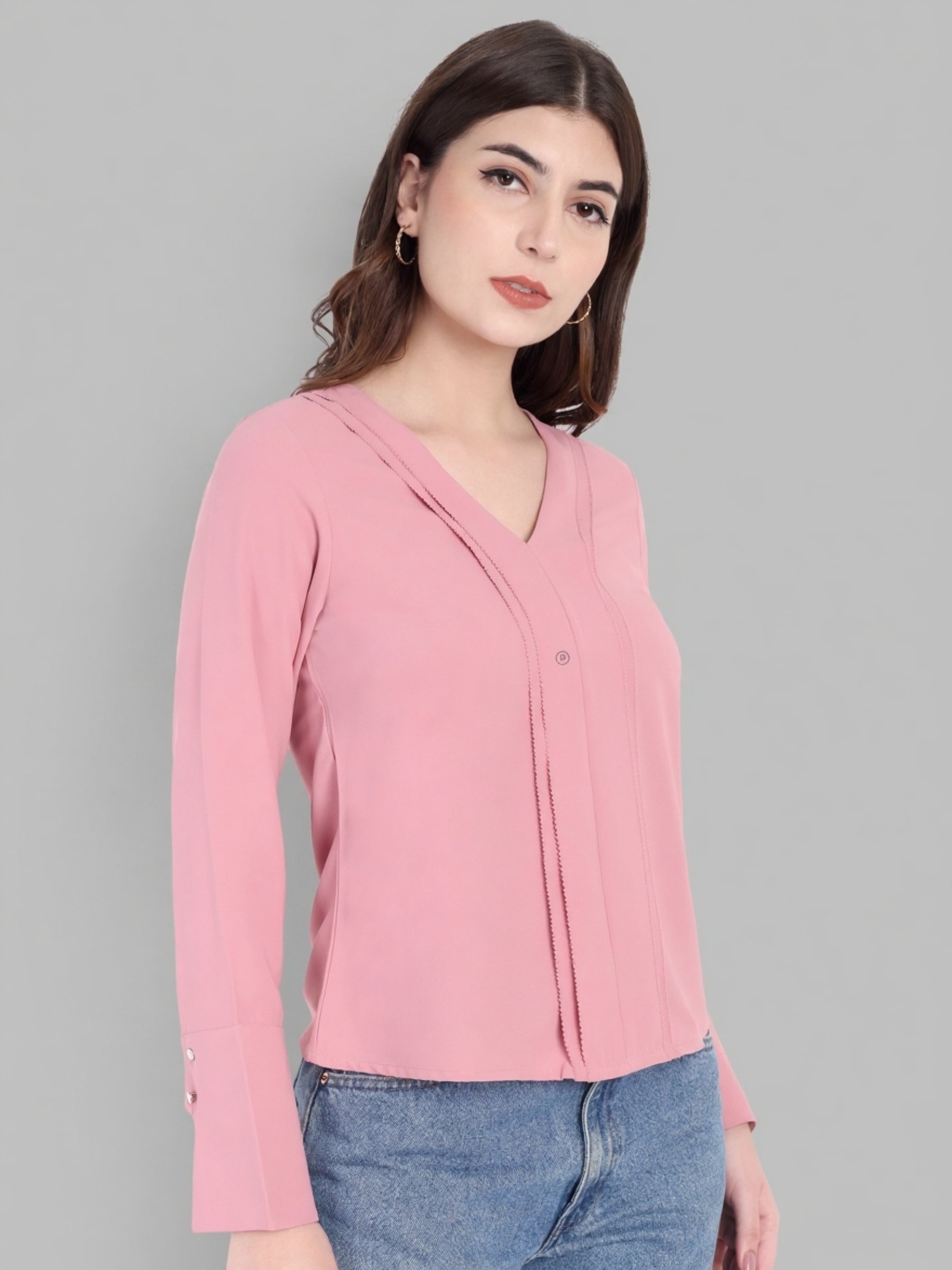 Latin Quarters Women's Pink Full Sleeves V-Neck Solid Casual Regular Top