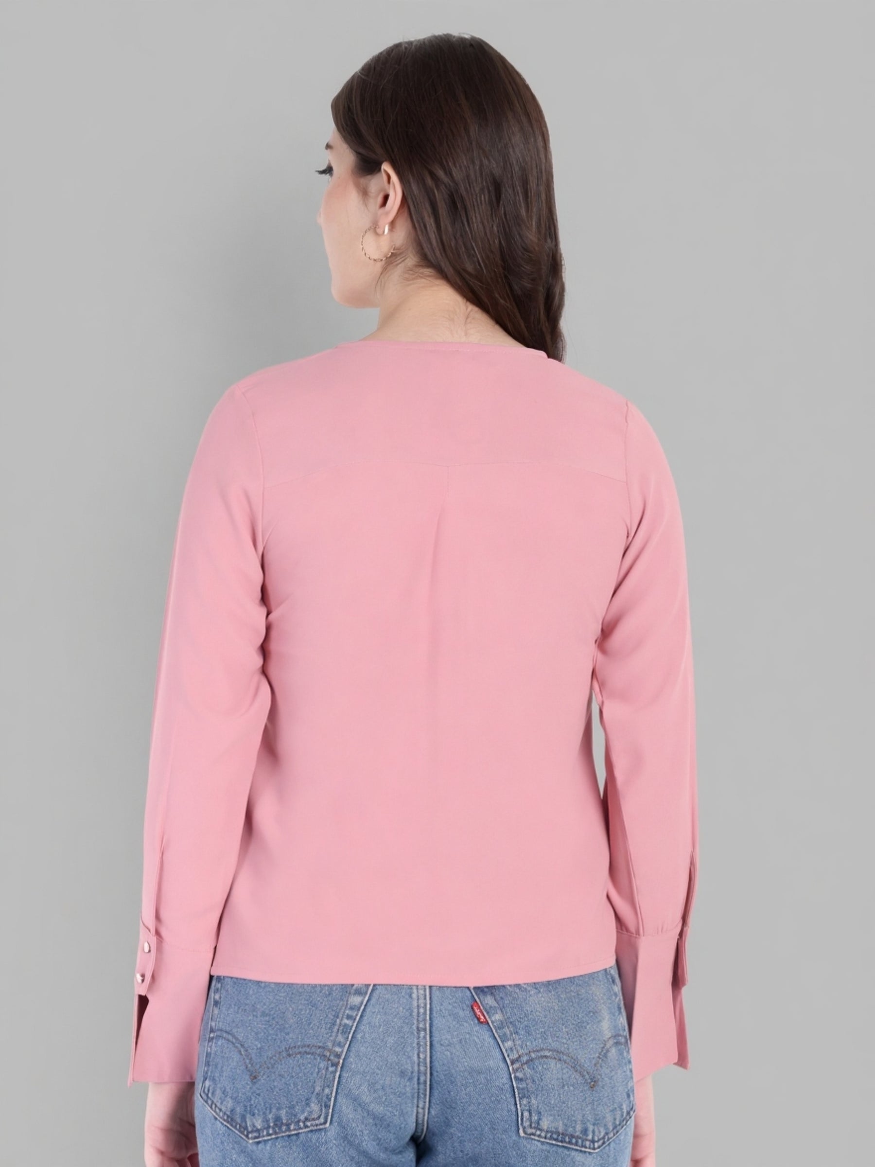 Latin Quarters Women's Pink Full Sleeves V-Neck Solid Casual Regular Top