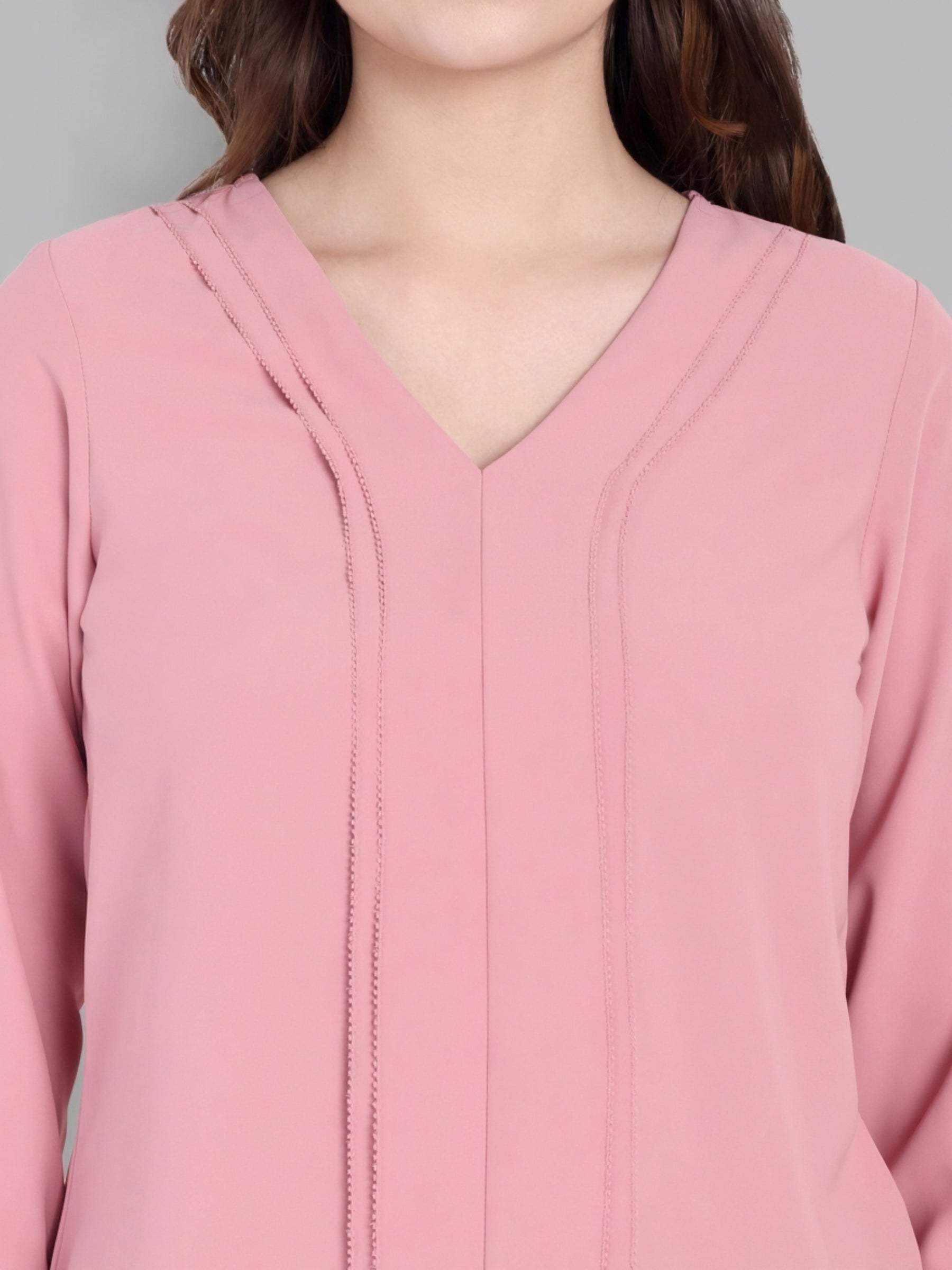 Latin Quarters Women's Pink Full Sleeves V-Neck Solid Casual Regular Top