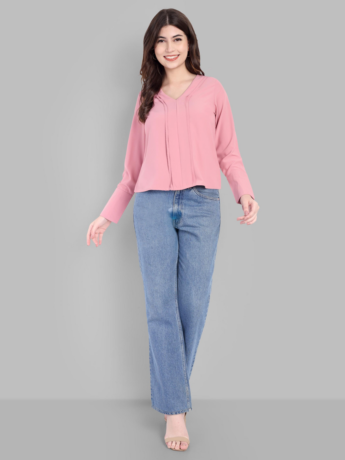 Latin Quarters Women's Pink Full Sleeves V-Neck Solid Casual Regular Top