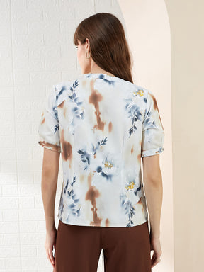 Latin Quarters Women's White Half Sleeves V-Neck Printed Casual Regular Top