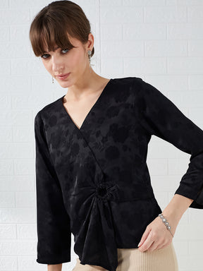 Latin Quarters Women's Black 3/4Th Sleeves V-Neck Self Design Casual Regular Top