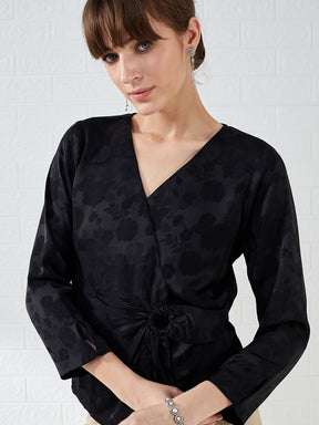 Latin Quarters Women's Black 3/4Th Sleeves V-Neck Self Design Casual Regular Top