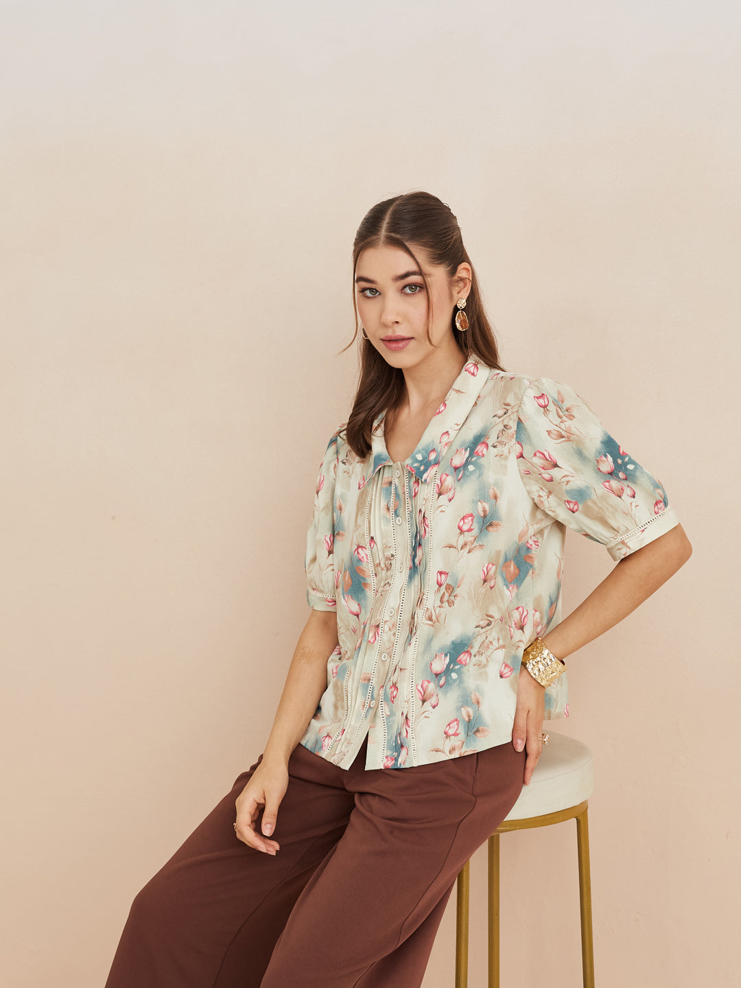 Latin Quarters Women'S Beige Collar Neck Half Sleeves Printed Casual Shirt