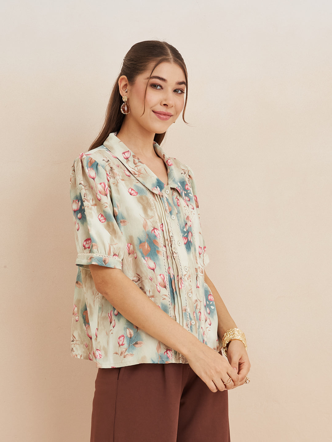 Latin Quarters Women'S Beige Collar Neck Half Sleeves Printed Casual Shirt