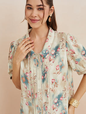 Latin Quarters Women'S Beige Collar Neck Half Sleeves Printed Casual Shirt