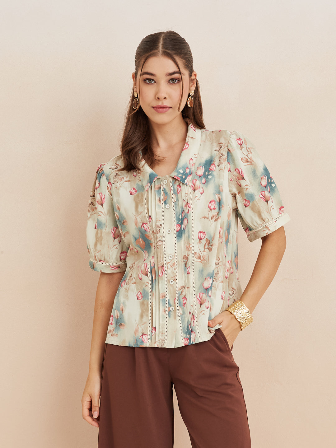 Latin Quarters Women'S Beige Collar Neck Half Sleeves Printed Casual Shirt