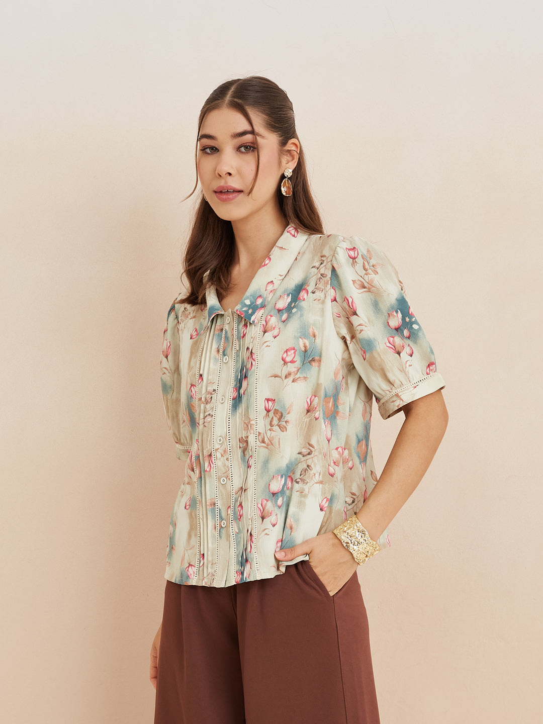 Latin Quarters Women'S Beige Collar Neck Half Sleeves Printed Casual Shirt