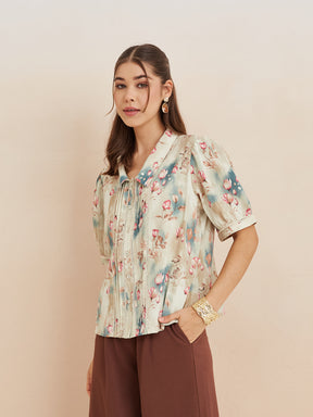 Latin Quarters Women'S Beige Collar Neck Half Sleeves Printed Casual Shirt