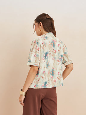 Latin Quarters Women'S Beige Collar Neck Half Sleeves Printed Casual Shirt