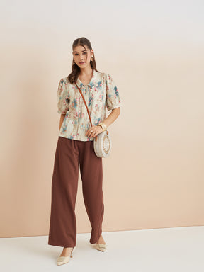 Latin Quarters Women'S Beige Collar Neck Half Sleeves Printed Casual Shirt