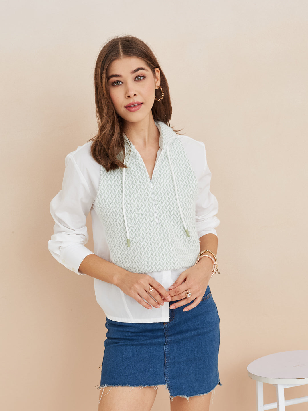 Latin Quarters Women'S White Hooded Full Sleeves Self Design Casual Shirt