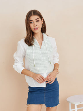 Latin Quarters Women'S White Hooded Full Sleeves Self Design Casual Shirt