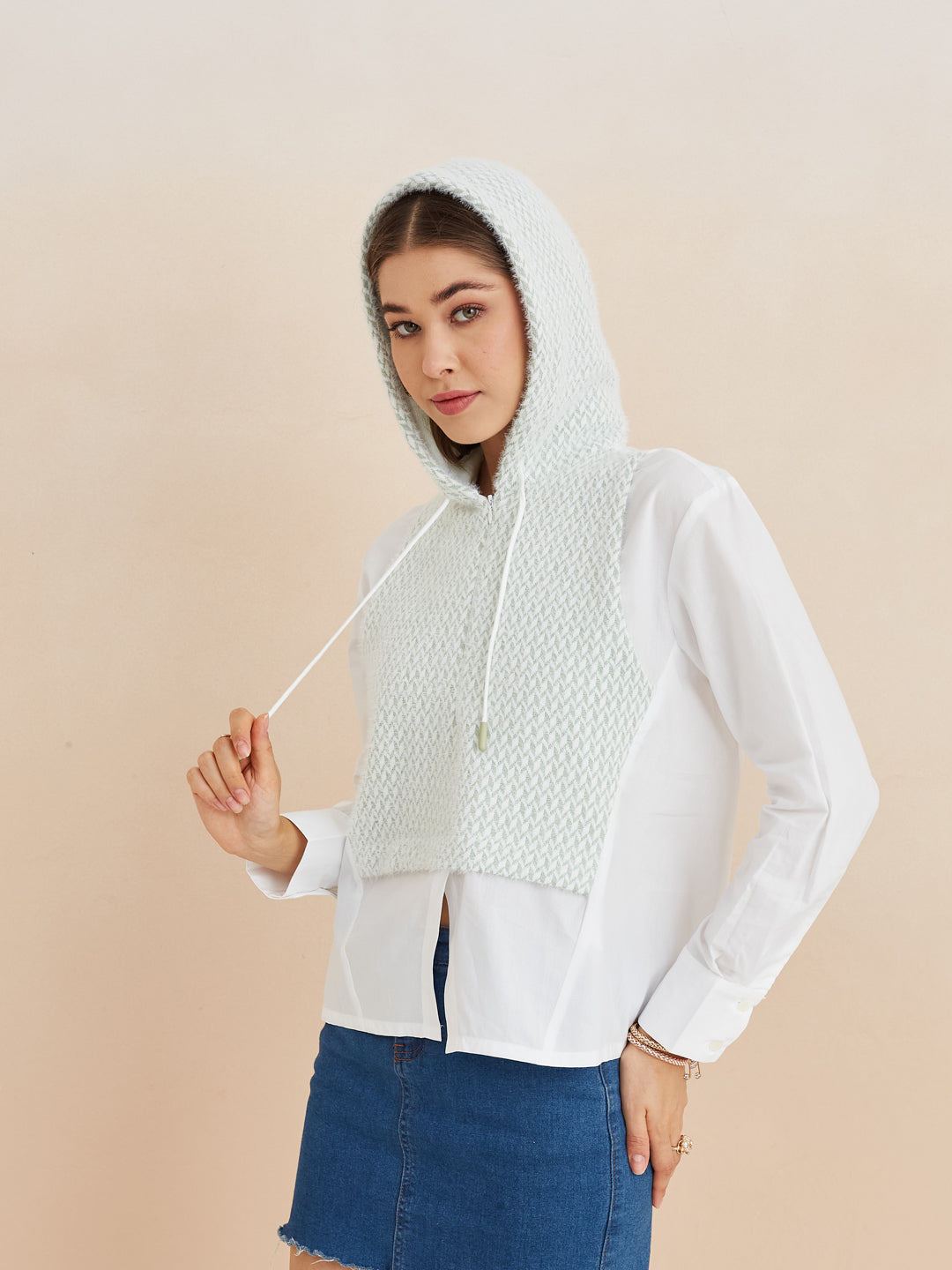 Latin Quarters Women'S White Hooded Full Sleeves Self Design Casual Shirt