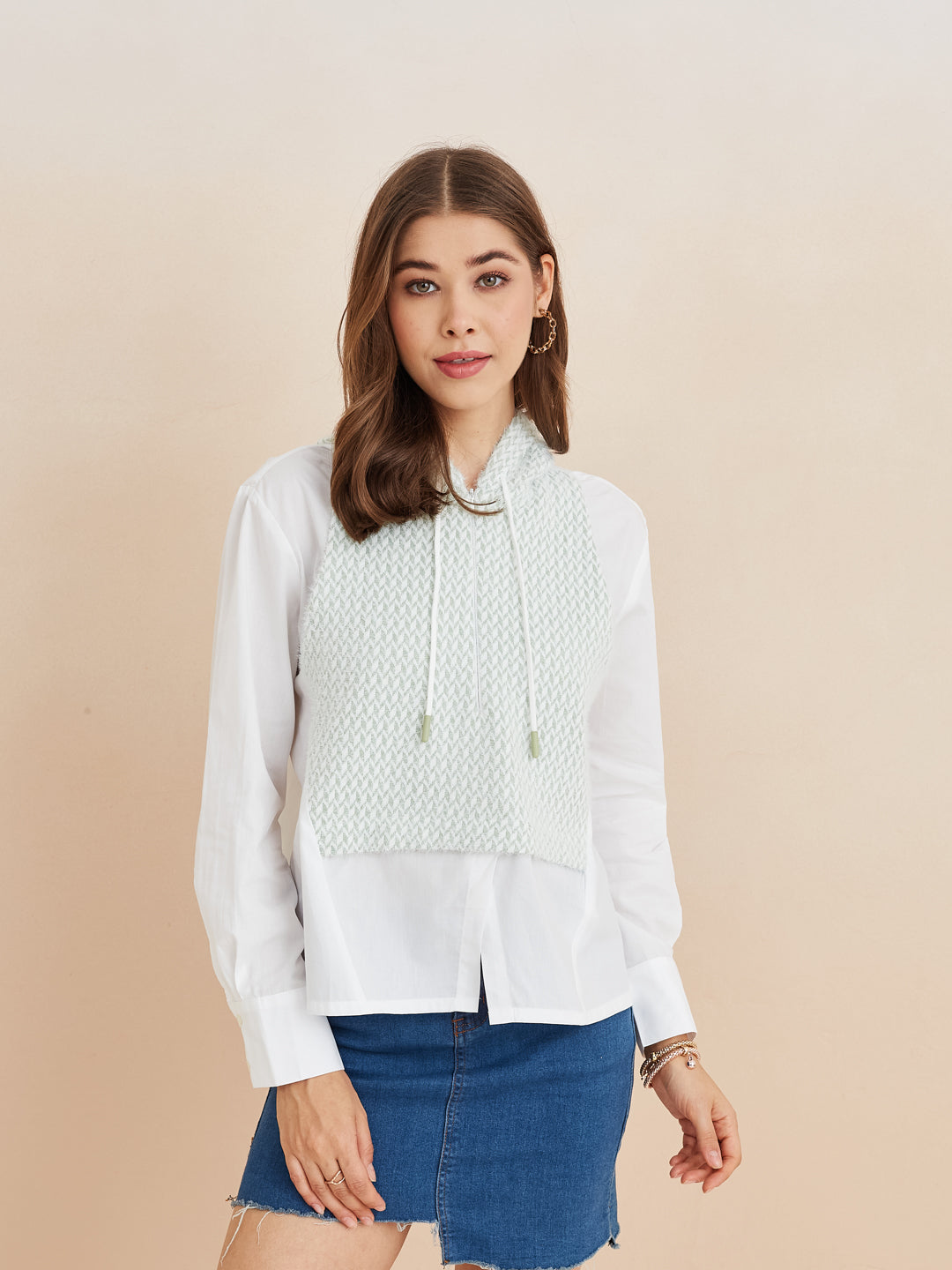 Latin Quarters Women'S White Hooded Full Sleeves Self Design Casual Shirt