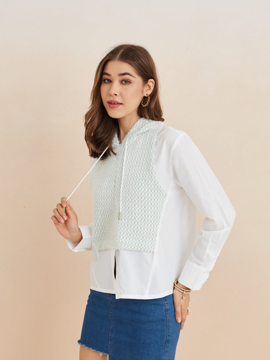 Latin Quarters Women'S White Hooded Full Sleeves Self Design Casual Shirt