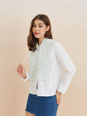 Latin Quarters Women'S White Hooded Full Sleeves Self Design Casual Shirt