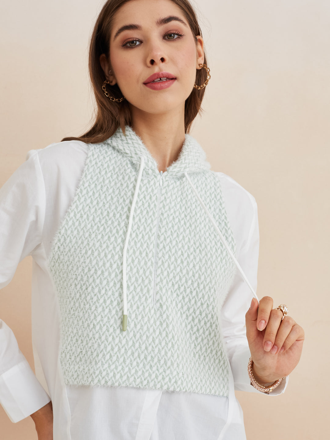 Latin Quarters Women'S White Hooded Full Sleeves Self Design Casual Shirt