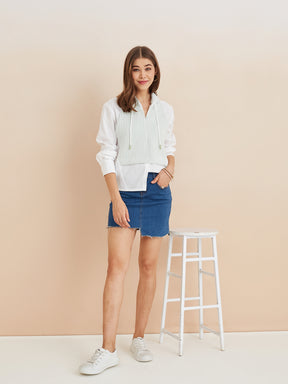 Latin Quarters Women'S White Hooded Full Sleeves Self Design Casual Shirt