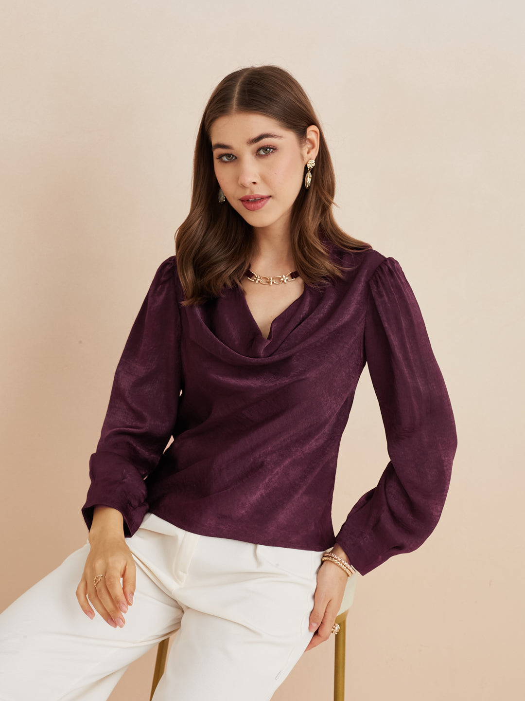 Latin Quarters Women'S Wine Cowl Neck Full Sleeves Solid Casual Top